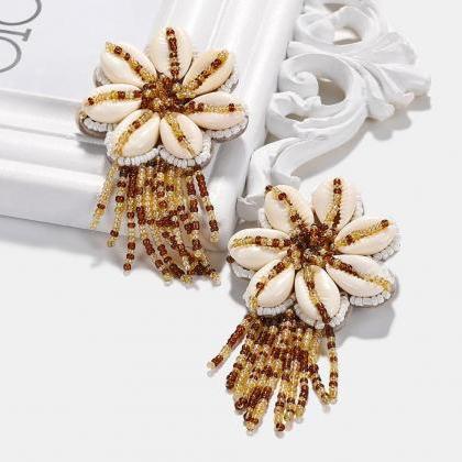 Beach Shell Earrings, Flower Hoop Earrings, Bead..