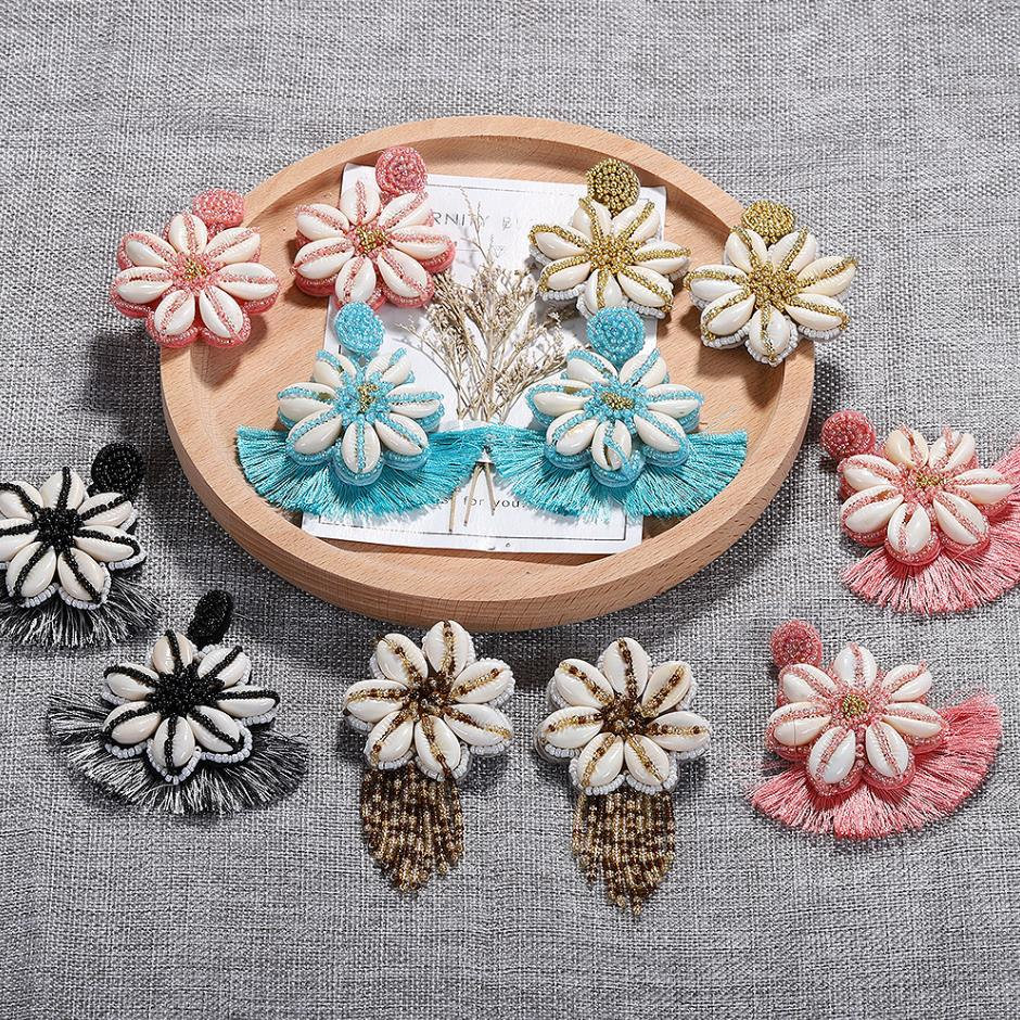 Beach Shell Earrings, Flower Hoop Earrings, Bead Tassel Earrings, Tassel Hoop Earrings, Sea Shell Earrings, Large Statement Earring.